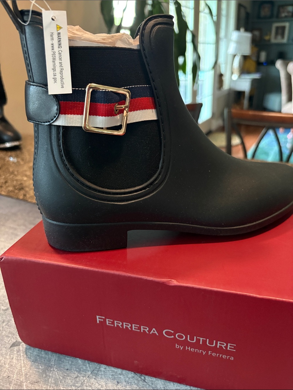 Henry Ferrera Black Rain Chelsea Ankle Boots with Red-White-Blue Strap